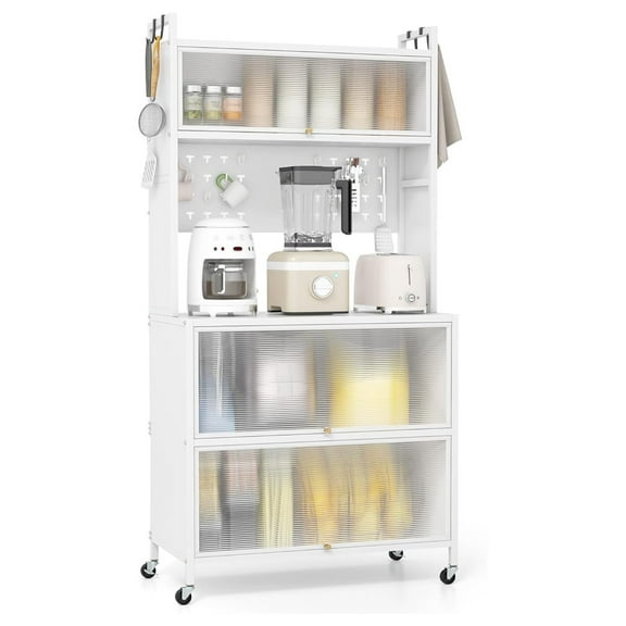 5 Tier Rolling Kitchen Bakers Rack with Wheels, Microwave Stand with Door Storage Cabinets, Pegboard & , Adjustable Foot Pads, Standing Pantry for Home Coffee Bar (White)