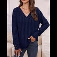 thumbnail image 4 of Camisas Tipo Túnica de Punto con Cuello en V, Larga y Botones Decorativos, Informales, Lisas, Suaves para Mujer Azul Marino S, 4 of 9