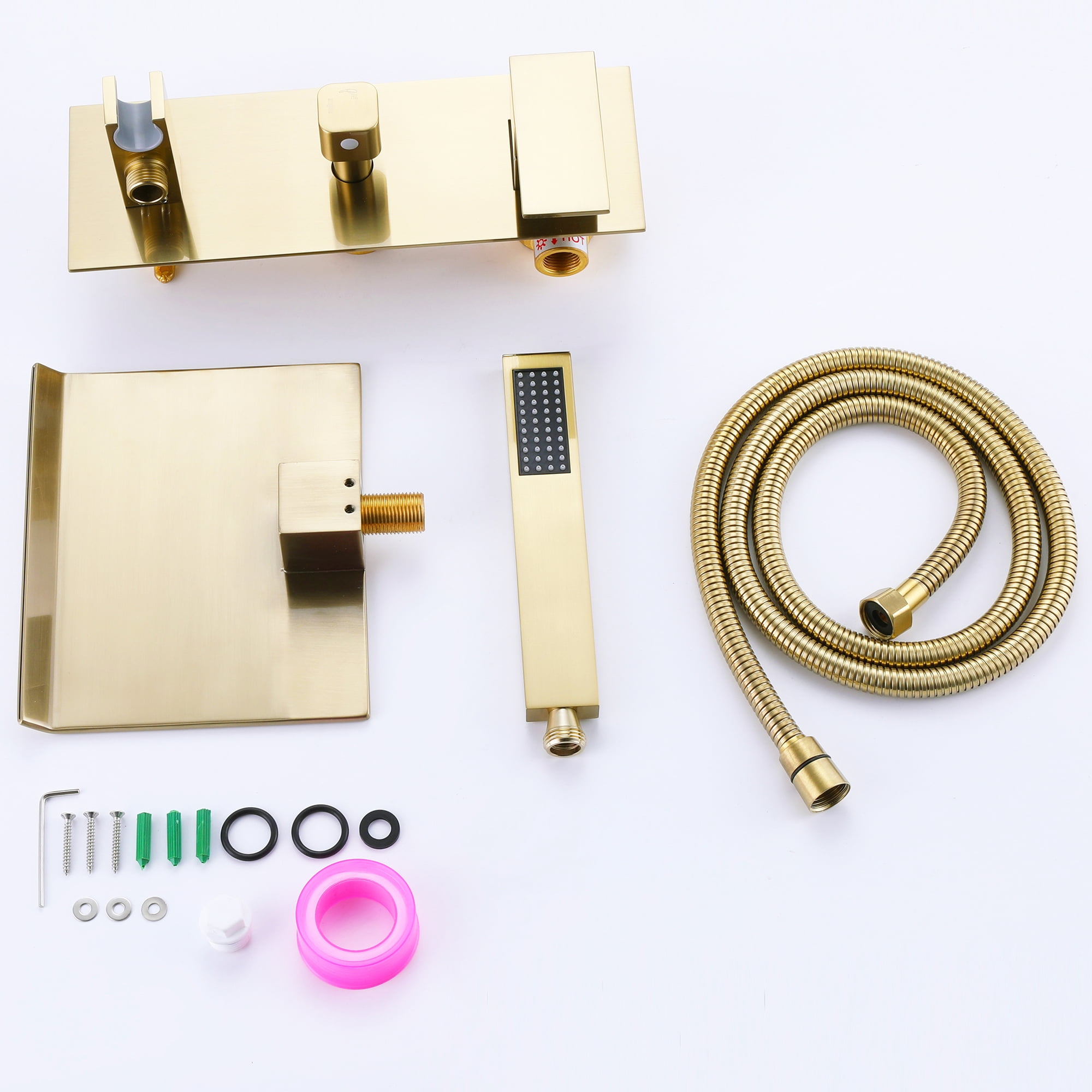 Wall Mounted Tub Filler with hand shower, Two Handles Brushed Gold Waterfall Bathtub Faucet with Rough-in Valve