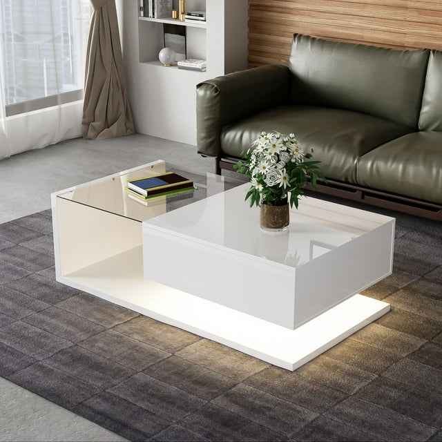 MODERNLUXE 41.5" Coffee Table with LED Lights, Rectangle Living Room Table with Glass and 1 Large Drawer,White