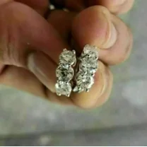 3CT Round Cut Three Stone Moissanite Huggie Hoop Earrings 14k White Gold Plated