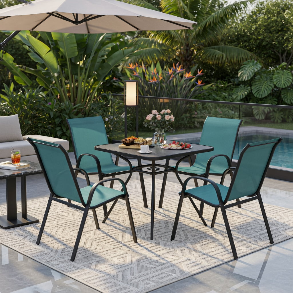 Hommoo 4-Pack Outdoor Patio Chairs with Grey Steel Frame, Stackable, Weather-Resistant Mesh Seating for Deck, Poolside & Backyard, Navy