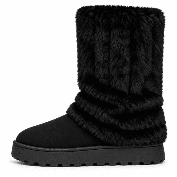 Women's Plush Faux Fur Mid-Calf Winter Boots, Pull-On Round Toe Platform