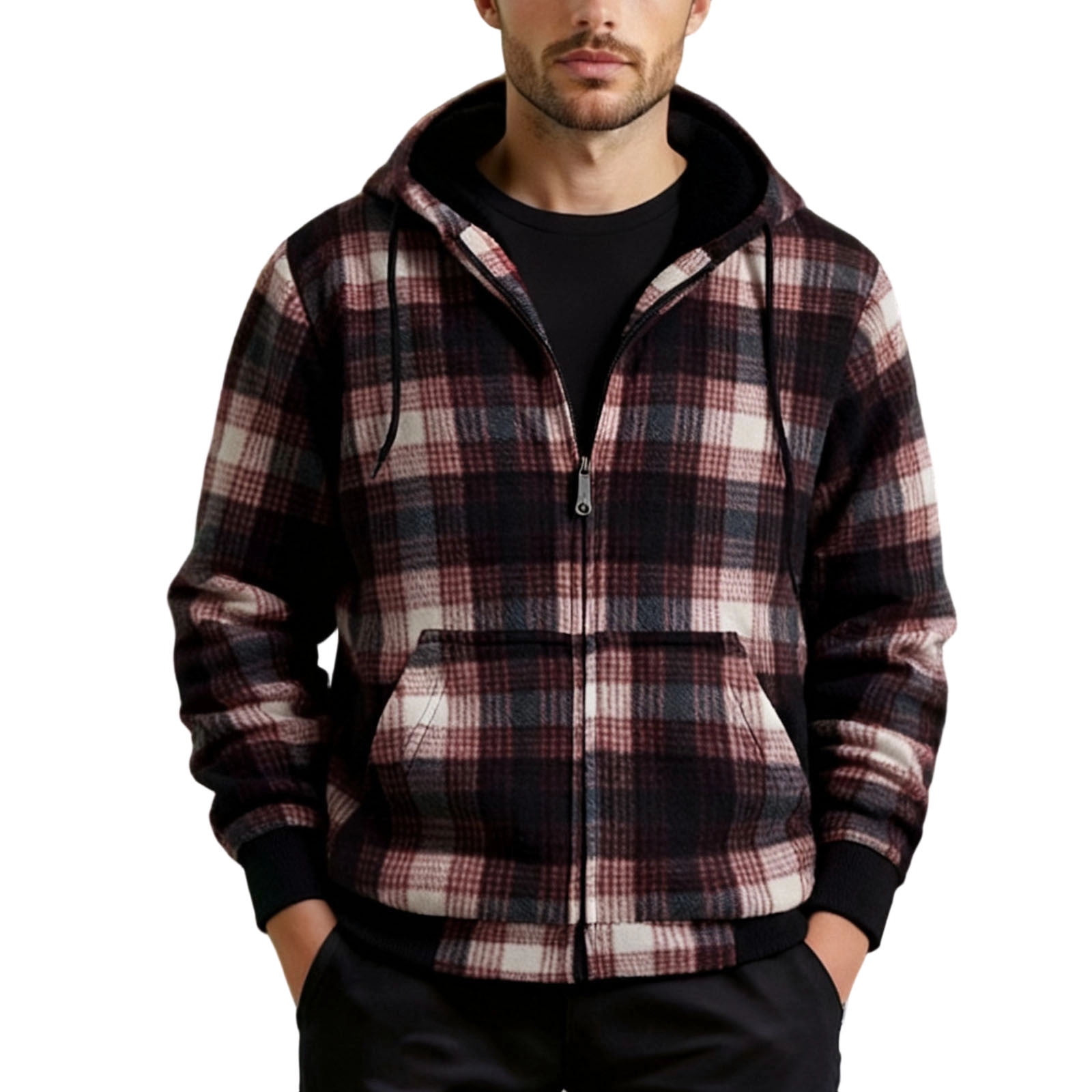 Xcmzpl Men's Full Zip Sherpa Lined Flannel Jacket Fleece Hooded Plaid Jacket with Hood for Men Warm Thicken Shacket Jacket Outwear with Pocket