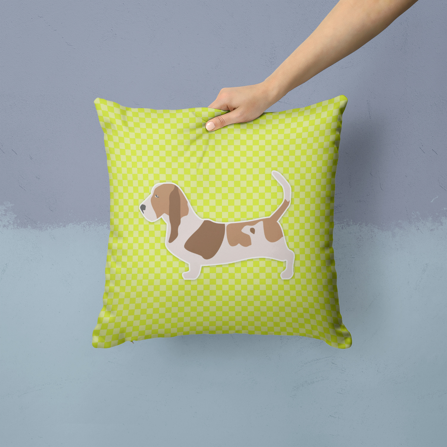 Carolines Treasures Basset Hound Checkerboard Green Fabric Decorative Pillow 14Hx14W multicolor