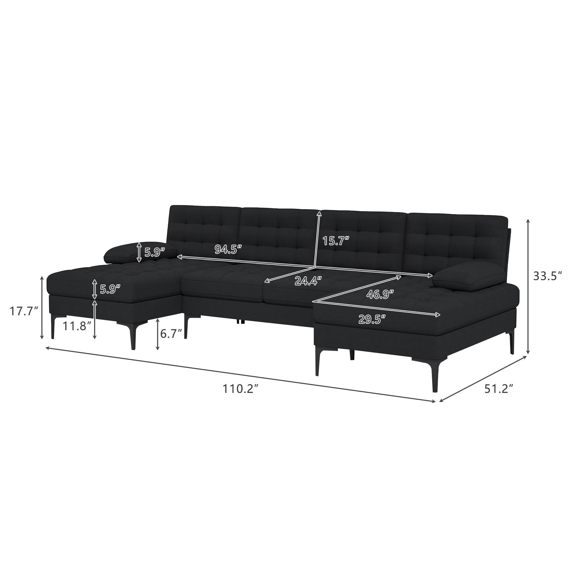 Kadyn U-shaped Soft-Covered Armrest Backrest Seat, Upholstery Sectional Sofa Couch with Wooden Frame Iron Frame, Black