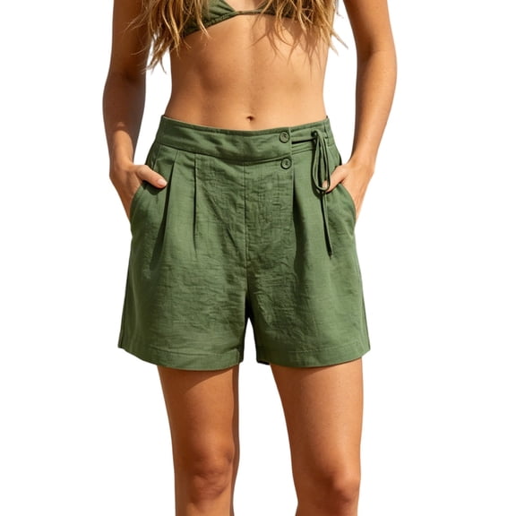 AcaicsNo Boundaries Women's Casual Short Pants, High Waist Pleated Side Tie Lightweight Linen Look Shorts