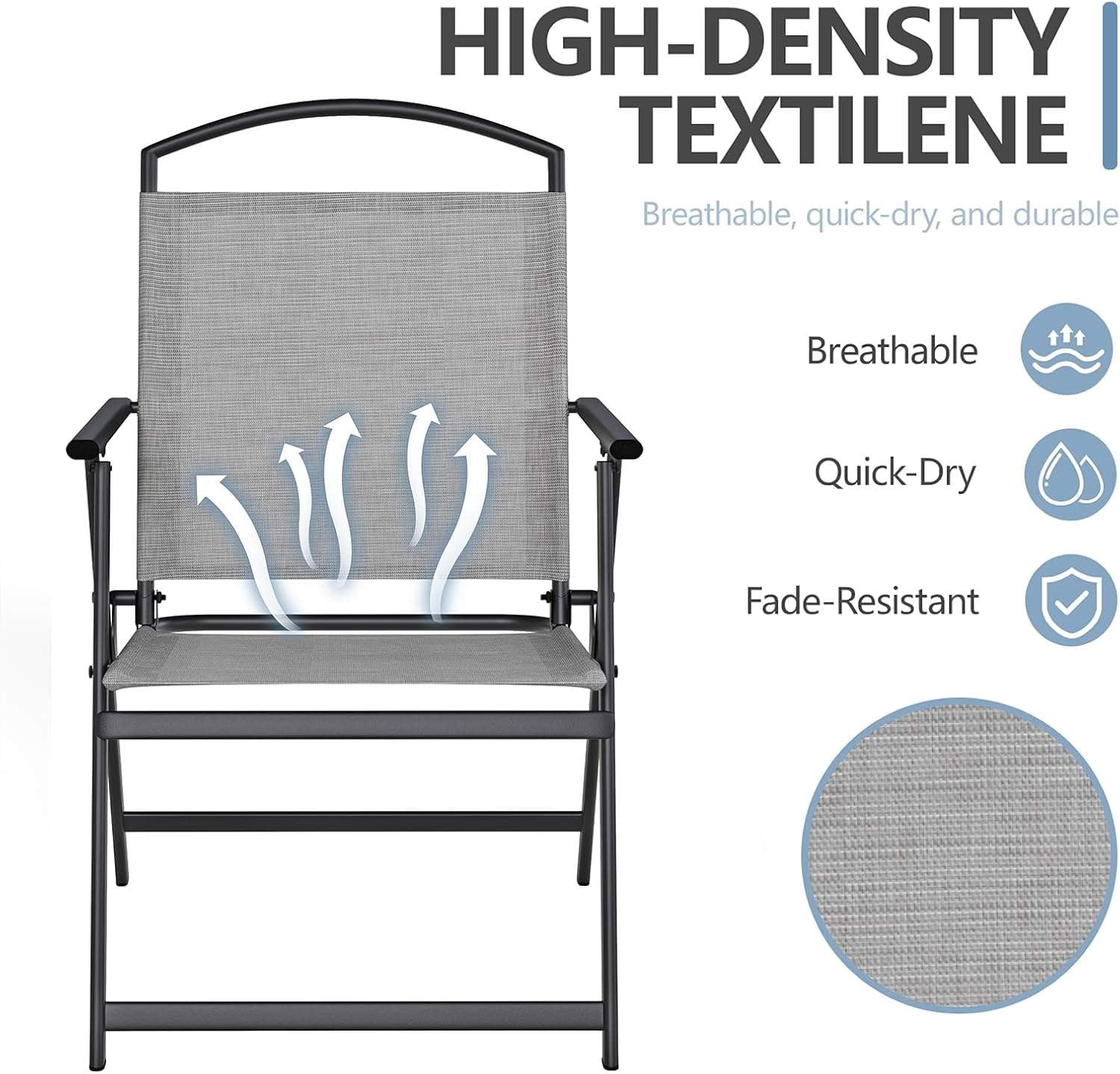 SWITTE Folding Patio Chairs Set of 2, Outdoor Dining Chairs with Armrests, Breathable Textilene & Steel Frame for Lawn, Garden, Yard or Poolside - Light Gray