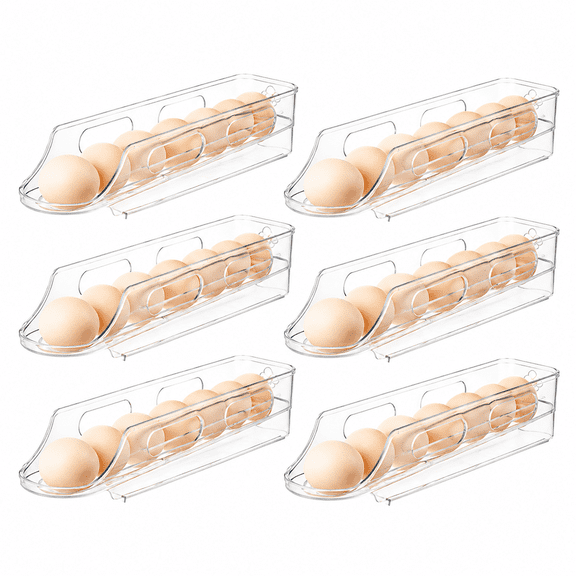 6 Pack Egg Holder for Fridge, 12.7 x 3.03 x 2.09 Inch Clear PET Auto‑Rolling Egg Storage Container, Stackable Refrigerator Egg Organizer