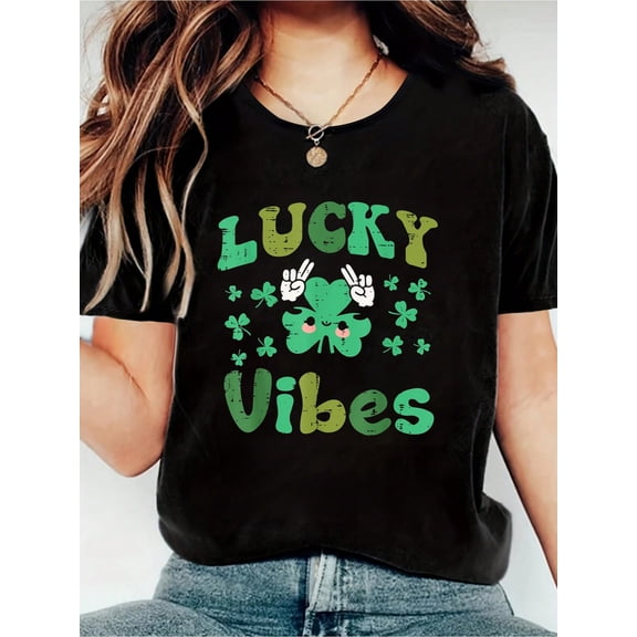 100% Cotton St Patricks Day Lucky Vibes Retro Saint Pattys Print Women's Gift T-Shirt, Round Crew Neck Soft Short Sleeve T-Shirt For Spring Summer, Fun Graphic Tops T-Shirts For Women