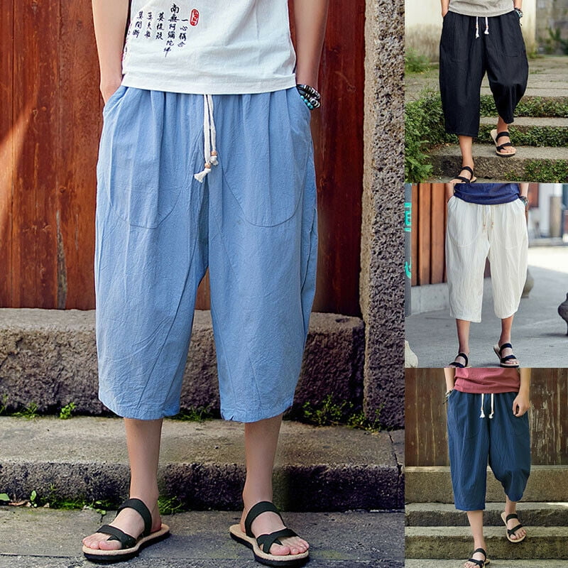 Men's Casual Loose Drawstring Harem Drop Crotch Linen Trousers Short