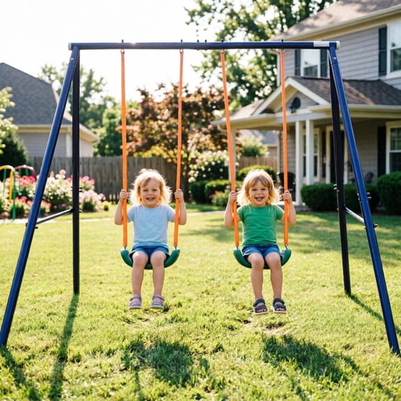 LuckyNote Two Station Swing Set for Backyard, Heavy Duty Steel Frame A‑Structure, Weatherproof, for Ages 3‑8, Blue