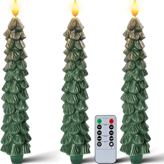 3 Pcs Christmas Tree Candles with Remote, Waxy Flameless Taper Candles Flickering, Green LED Candlesticks Battery Operated for New Year Celebration Holiday Decorations 11 Inches