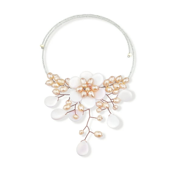 Pretty Pink Mother of Pearl and Cultured Freshwater Pink Pearl Flower Ray Choker Wrap Necklace