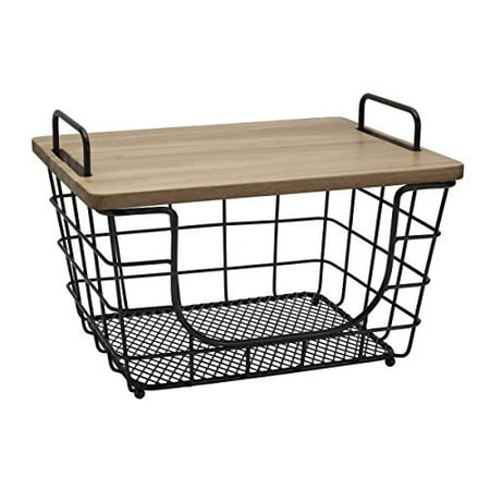 

Gourmet Basics By Mikasa Madam Metal Stacking/Nesting Rectangular Basket With Acacia Lid Antique Black