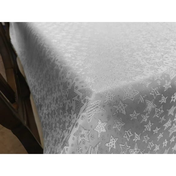 Heavy Brocade Shiny Christmas Tablecloth Stars Silver
