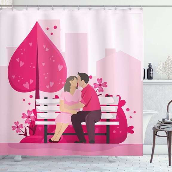 Kissing Shower Curtain, Pinkish Graphic Illustrated Artwork of Romantic Amorous Couple on Bench in the Park, Fabric Bathroom Set with Hooks, 69W X 84L Inches Extra Long, Pink Rose, by Ambesonne
