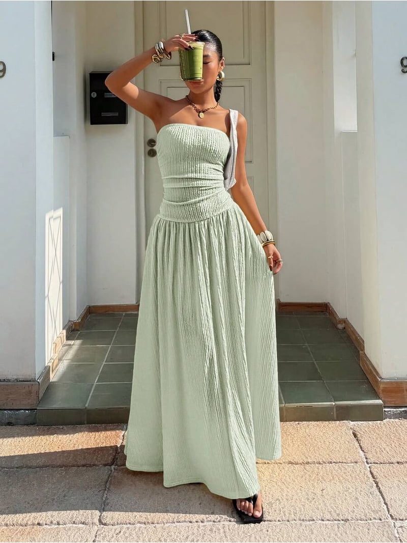 mint green dress formal Strapless Smocked Waist Ribbed Maxi With Flowy Pleated Skirt Elegant Party Gown PQ1065