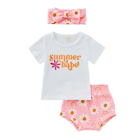 

Nokpsedcb Baby Girls 3Pcs Clothes Suit SUMMER BABE Letter Print Short Sleeve T-Shirt + Flower Print Shorts + Headdress Pink 3-6 Months