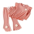 thumbnail image 2 of Baby Girls Outfit Sets Autumn Winter Solid Color Ruffled Crew Neck Long Sleeve Sweatshirts With Flare Pants 2Pcs Outwear, 2 of 9