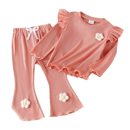 

Little Girls Workout Sets Kids Girl s 2 Piece Flounce Sleeve Top And Leopard Print Flare Leg Pants Children 2PCS Clothes For Girls Pink 12-18 Months