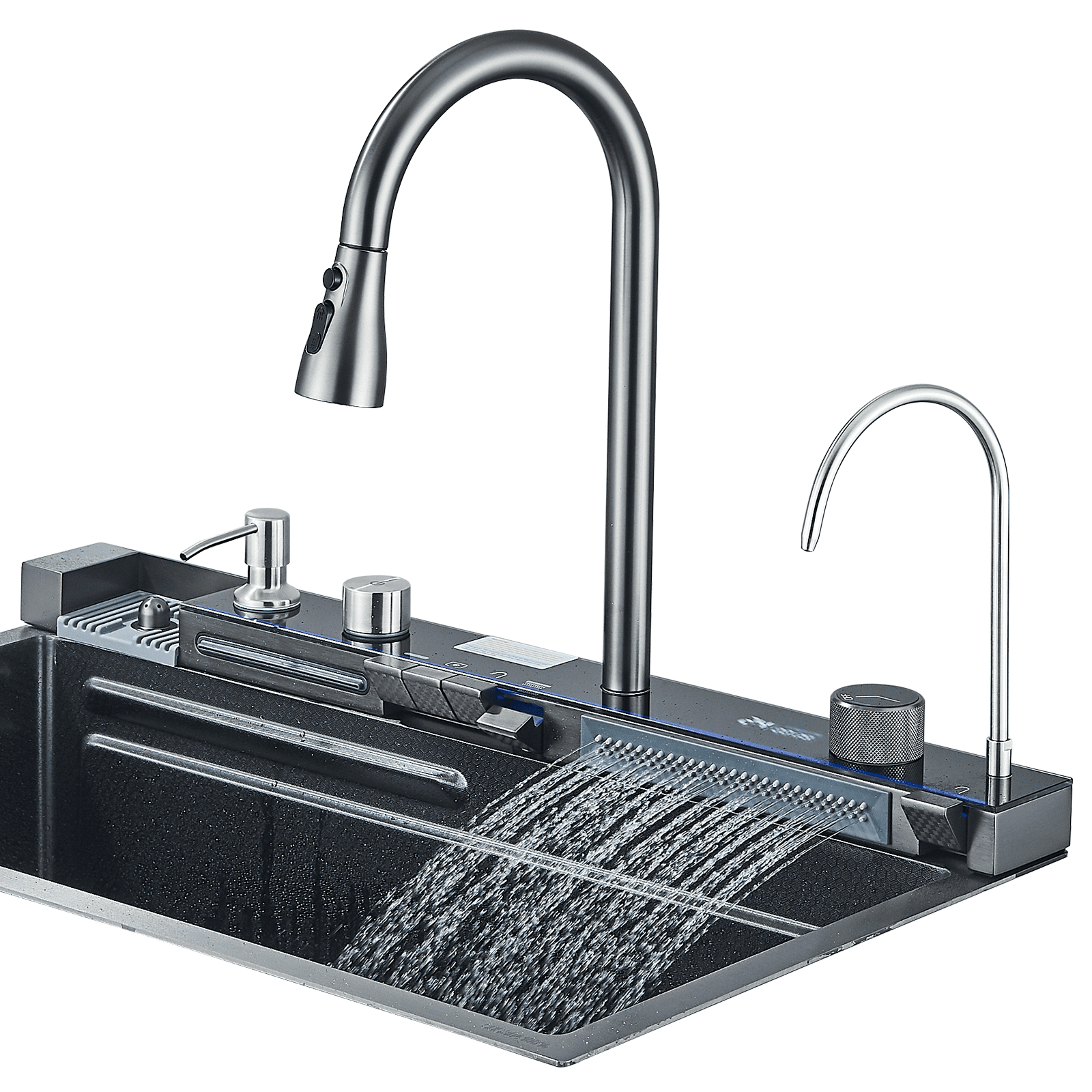 Kitchen Sink 304 Stainless Steel Single Bowl Kitchen Sinks, Digital Display Waterfall Sink, With Pull Down Sprayhead Faucet, With Pressurized Cup Washer and Two Waterfalls