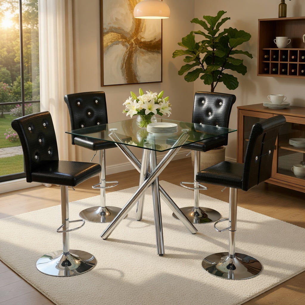 Hommoo Modern Glass Bar Table Set with 2 Adjustable Swivel Bar Stools, Chrome Metal Base, PU Leather Seating, Contemporary Counter Height Pub Table, Home Bar & Small Spaces, Black & Sliver
