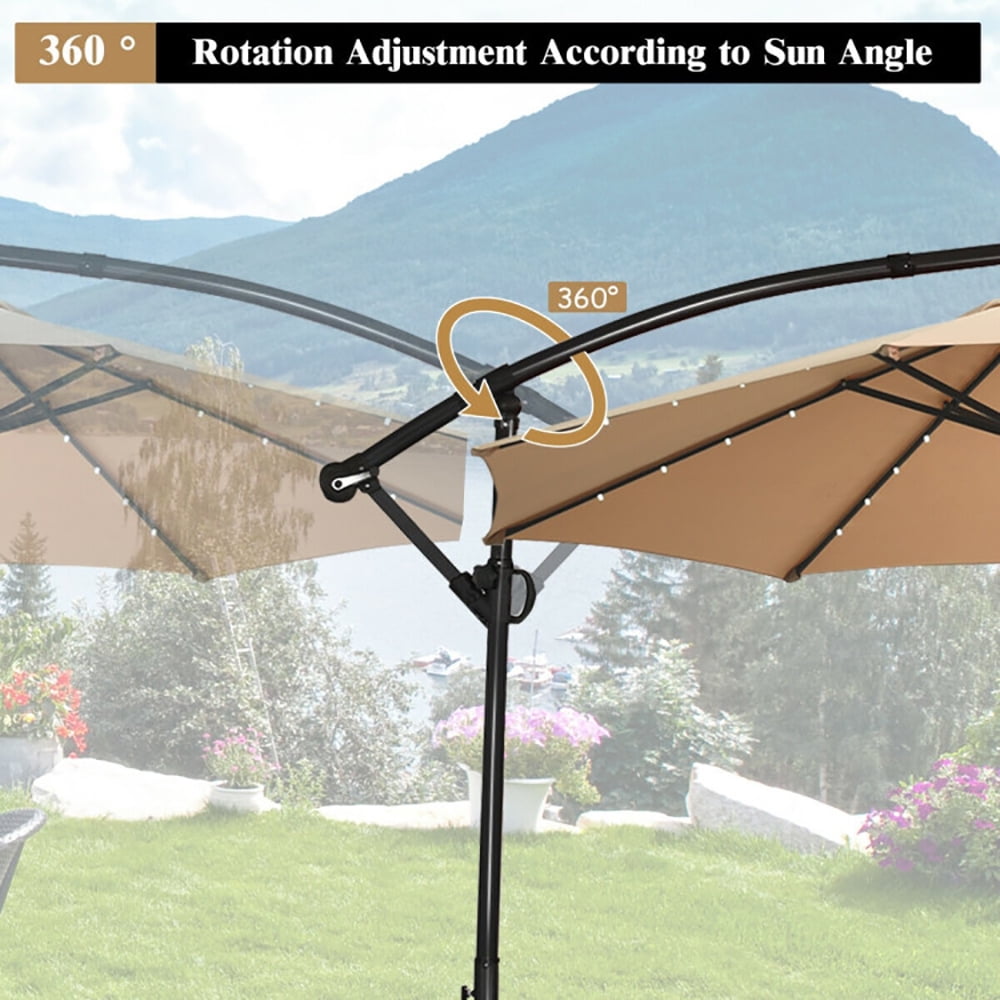 Aimee Lii 10 ft 360° Rotation Solar Powered LED Patio Offset Umbrella without Weight Base, Outdoor Umbrellas for Patio, Beige