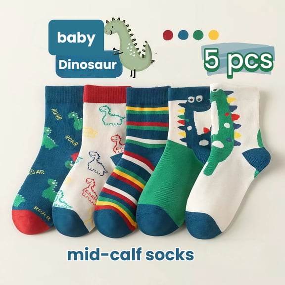 Dinosaur Print Kids Winter Socks – 5 Pairs Thick, Warm Crew Socks for 9-14 Year Old Children, Comfortable Cotton Blend, Ideal for Cold Weather