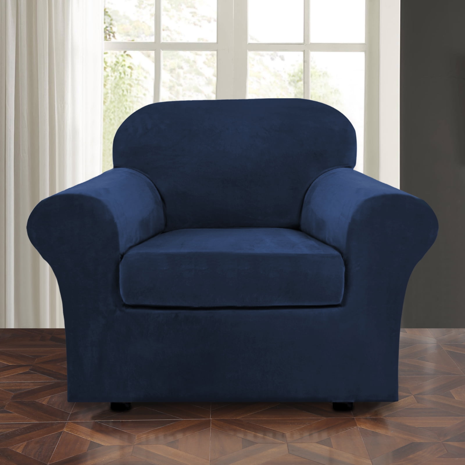 TOPCHANCES Velvet Plush Sofa Covers, Armhair Loveseat Couch Slipcover with Separate Cushion Cover (Dark Blue, For 3-Seater Sofa)