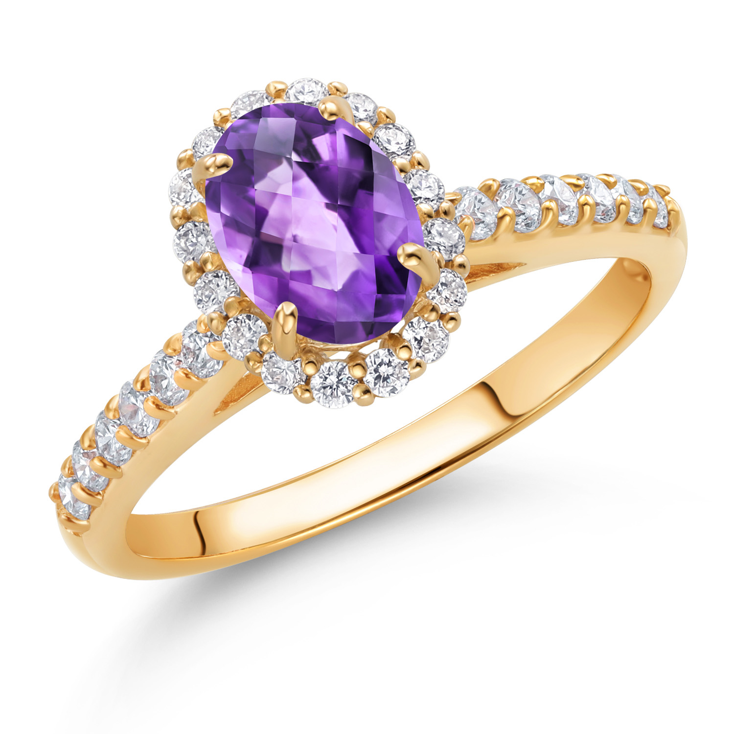 Gem Stone King 10K Yellow Gold Purple Amethyst and White Lab Grown Diamond Halo Engagement Ring for Women (1.06 Cttw, Gemstone February Birthstone, Oval Checkerboard 7X5MM)