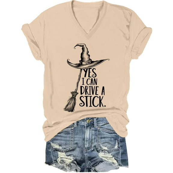 Yes I Can Drive A Stick Witch Shirt Halloween Witch Shirts Yes I Can Drive A Stick V Neck T-Shirt