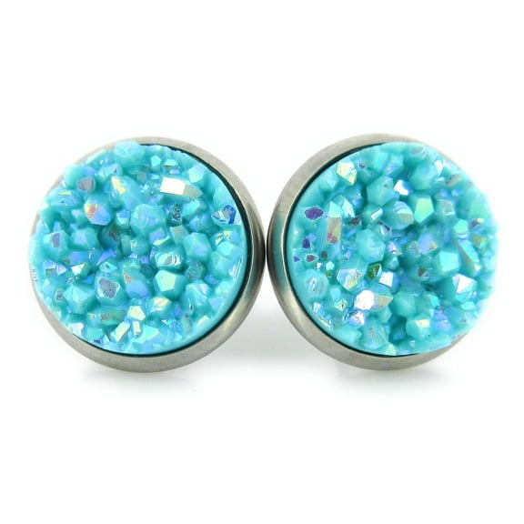 Stainless Steel Robin Egg Blue Faux Druzy Stone Stud Earrings 12mm