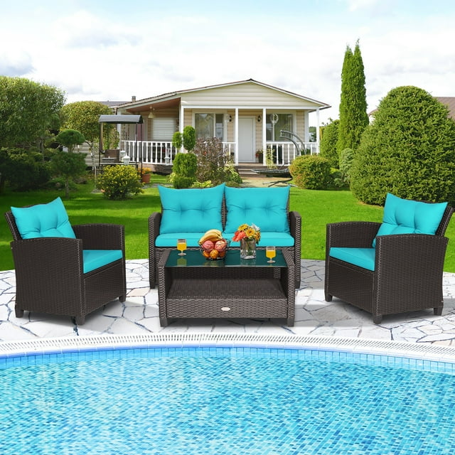 Costway Ensemble de Mobilier de Patio en Rotin 4 Pcs Table en Verre Étagère Canapé Coussin Turquoise