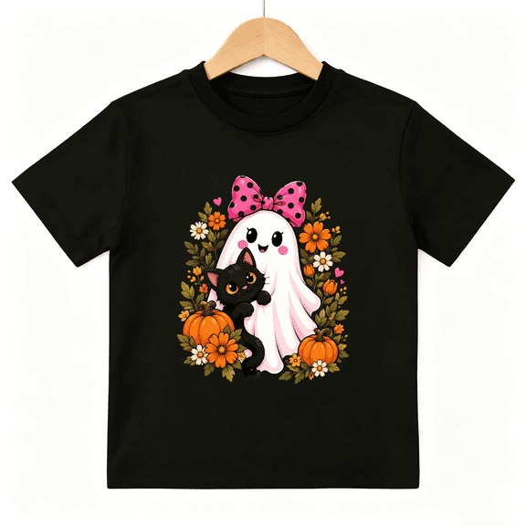 Cute Halloween Ghost and Black Cat with Pumpkins and Flowers Graphic Short Sleeve Crewneck Cotton Kids T-Shirt