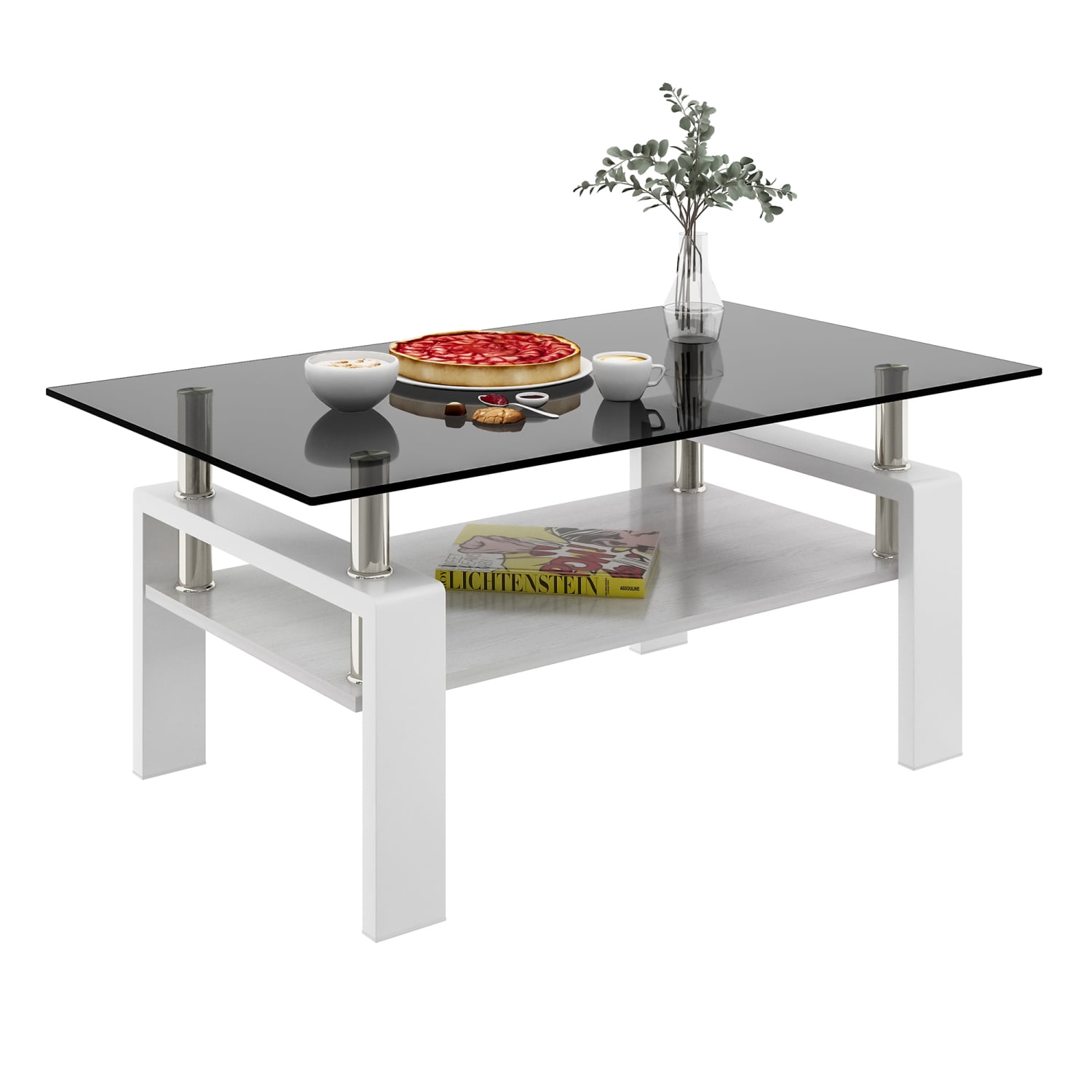 Rectangle Coffee Table, Modern Tempered Glass and MDF Living Room Table