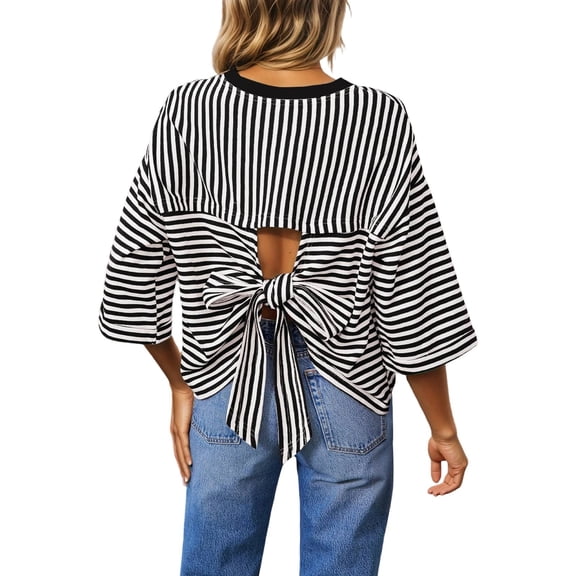 FASHOFT Cute Bow Back Tie Striped T Shirts for Women Cap Sleeve Casual Summer Top 3/4 Sleeve Crew Neck Tshirt Black L
