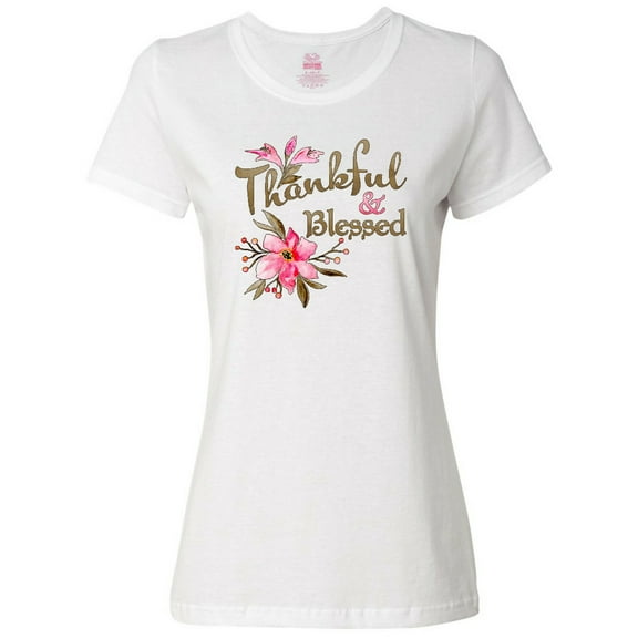 Inktastic Thankful and Blessed Inspirational Saying with Pink Flowers Women's T-Shirt