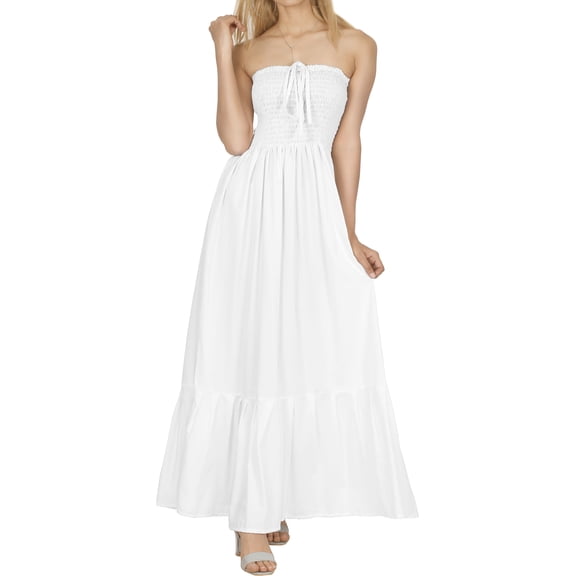 HAPPY BAY Women's Beach Summer Solid Smocked Maxi Evening Dress Casual Tube Top Dresses for Women One Size Pearl, Solid