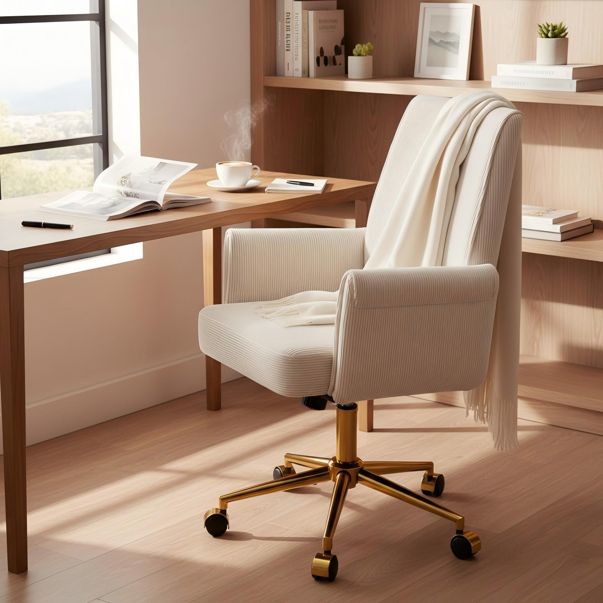 Gewnee 24.8''Office Chair,Memory Foam Seat Cushion with Waist Support,Adjustable Height,Golden Metal Base.White
