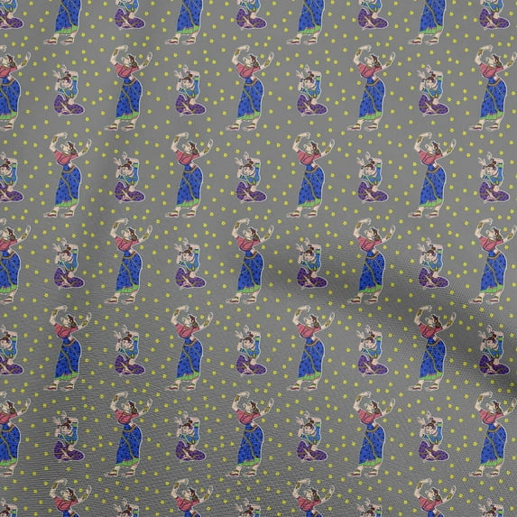 oneOone Cotton Cambric Gray Fabric Kalamkari Kathakali Quilting Supplies Print Sewing Fabric By The Yard 42 Inch Wide