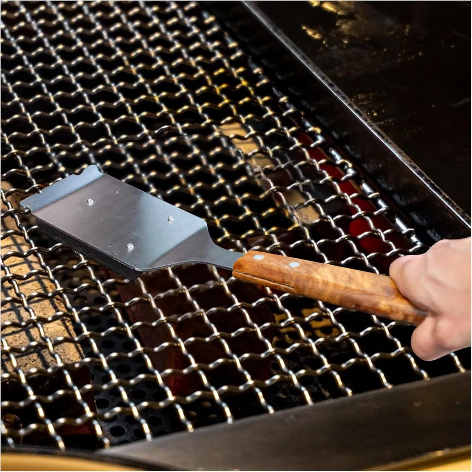 ABPETE Barbecue Grill Brush and Stainless Steel Scraper Scraper Extended Large,Large Wooden Handle, Wire BBQ Grill Brush for Outdoor Grill - No Scratch- BBQ Grill Brush for Any Grill
