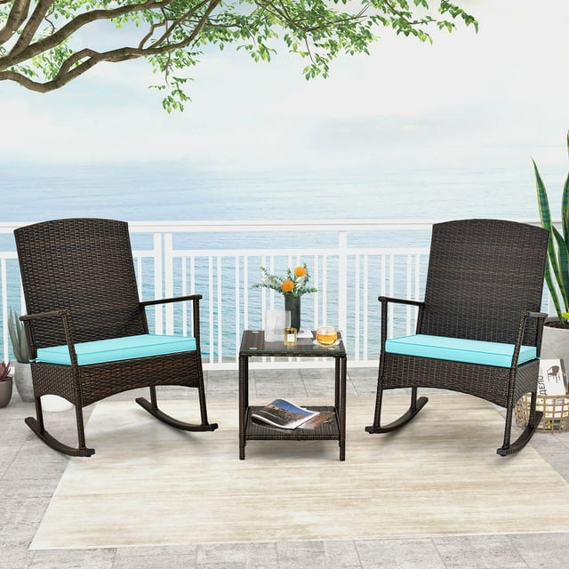 Costway Ensemble de Terrasse à Bascule 3 Pcs Chaises Berçantes en Osier avec Table à Café à 2 Niveaux Turquoise