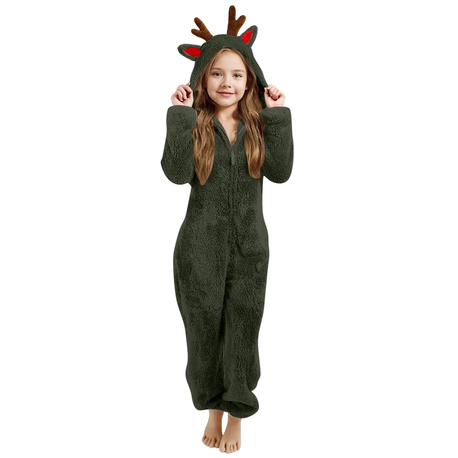 Ruyang Christmas Deer Ears Fleece Jumpsuit for Girls Winter Warm Fuzzy Hooded Onesie Zip Thermal Furry Bodysuit
