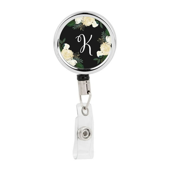 Koyal Wholesale Retractable Badge Reel Holder With Clip, Ivory Cream Roses Flowers, Monogram K