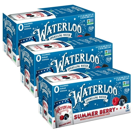 (3 pack) Waterloo Sparkling Water, Summer Berry, 12 fl oz, 8 pack cans