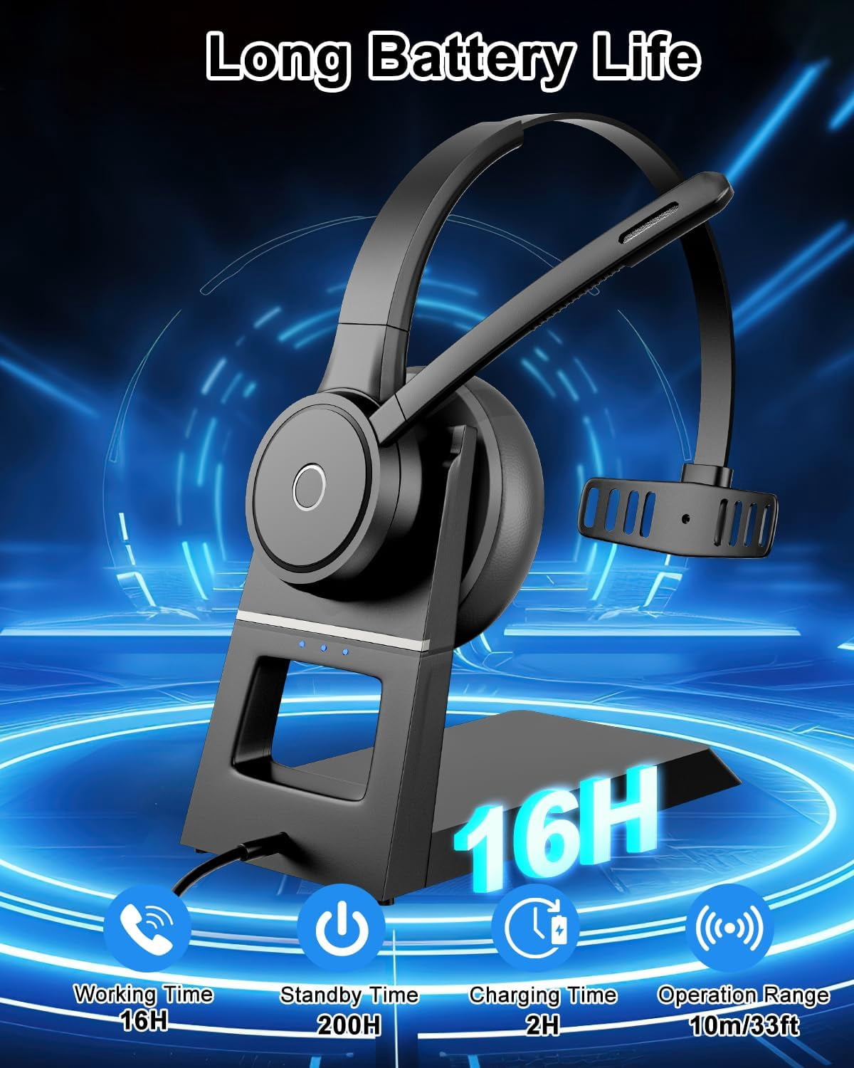 Bluetooth Headset with Noise Cancelling Mic, USB Dongle & Charging Dock, Wireless Computer Headset for PC Laptop Zoom Teams Call Center