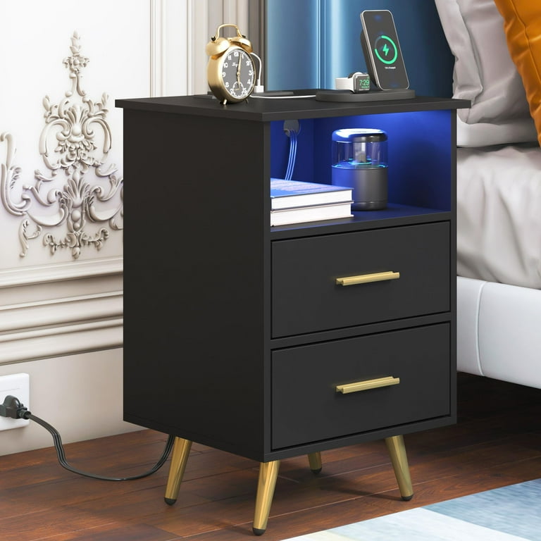 UHOMEPRO LED Nightstand with Charging, 2 Drawers Black photo 3