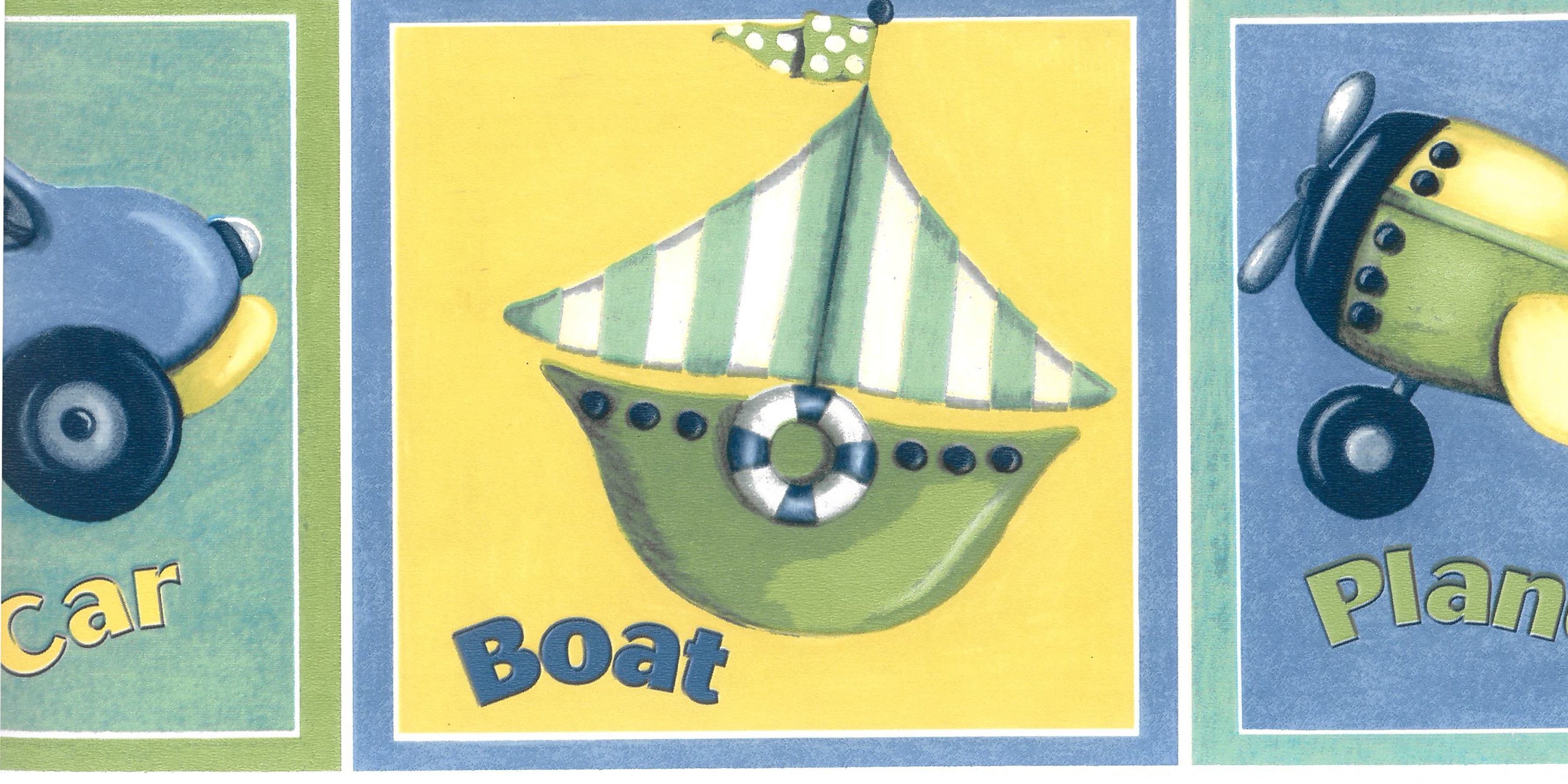 Dundee Deco Prepasted Wallpaper Border - Kids Blue, Yellow, Green Boat, Plane, Train, Car, 15 ft x 5 in