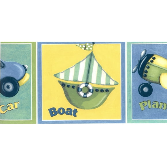 Prepasted Wallpaper Border - Kids Blue, Yellow, Green Boat, Plane, Train, Car Wall Border Retro Design, 15 ft x 5 in (4.57m x 12.7cm)